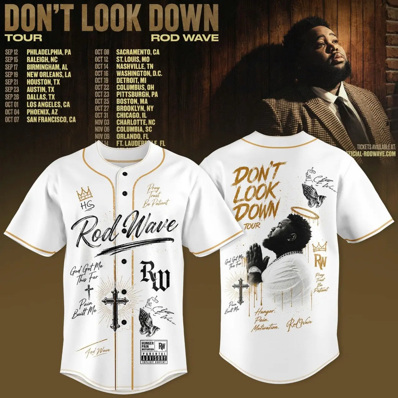 Rod Wave "Don't Look Down" Tour Baseball Jersey Shirt, Hip Hop Graphic Tee Button Down Shirt, Music Concert Merch For Both Men and Women