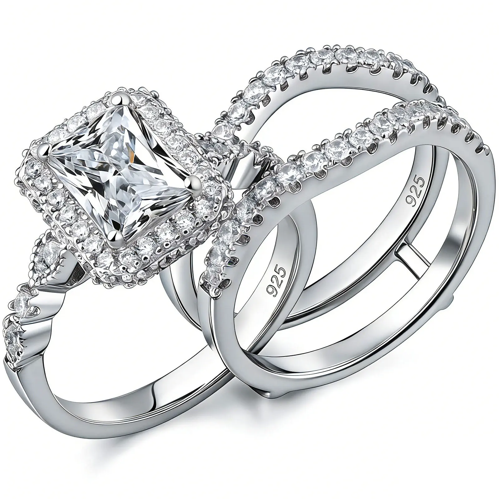 Newshe Jewellery Moissanite Wedding Sets for Women 925 Sterling Silver Engagement Rings Set Radiant Bridal Band Enhancer Size 5-10