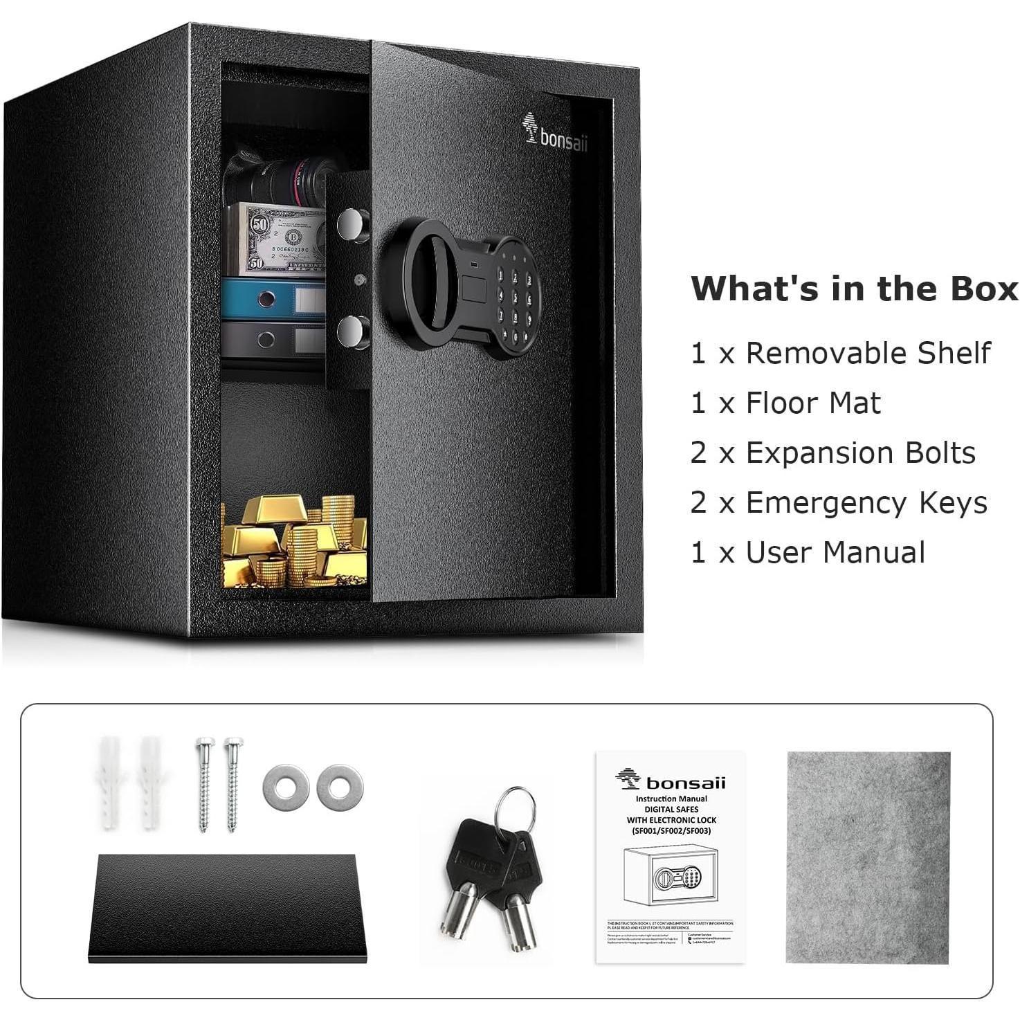 Bonsaii Safe for Home,0.18-1.20 Cubic Feet Security Safe with Fireproof Bag,Digital Keypad and Key,Large Safe for Documents&Cash&Jewelry