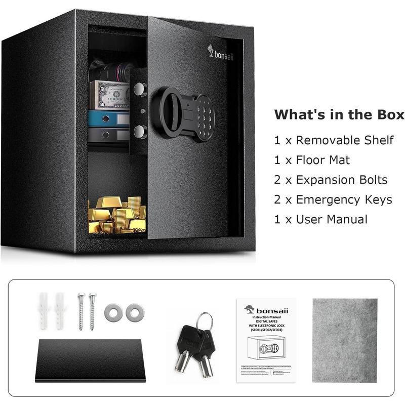 Bonsaii Safe for Home,0.18-1.20 Cubic Feet Security Safe with Fireproof Bag,Digital Keypad and Key,Large Safe for Documents&Cash&Jewelry