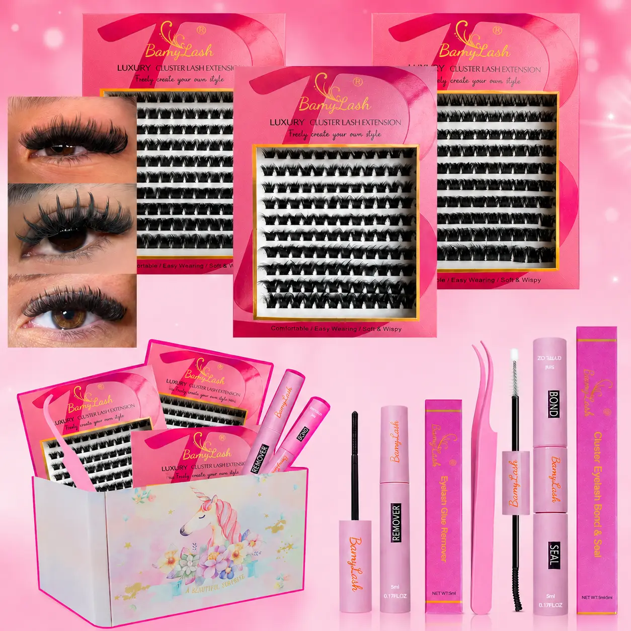 Mixed Lashes Set with 3 Boxes DIY Lash Cluster Kit 8-16mm with Bond & Seal Remover for Custom Eyelash Extensions and DIY Lash at Home for Eye Make Up Eyelash Gift Pack for Family and Friend