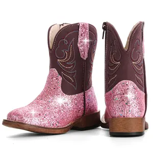 IUV Girls Cowgirl Boots Toddler Boys Cowboy Boots for Little Big Kids Western Square Toe Riding Mid Calf Boot Child Mid Calf Glitter Toddler Cowboy Boot