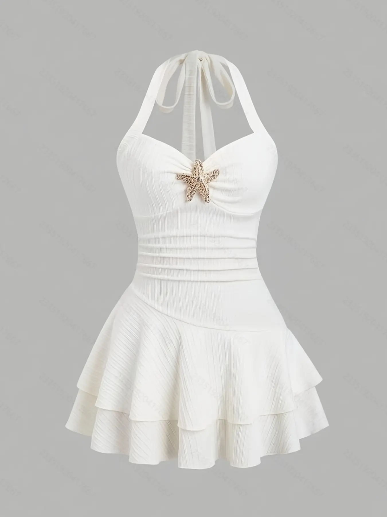 Elegant Chic Women's Halter Neck Fit Textured Fabric Mini Dress, Ruched Chest Metallic Decorations Dress for Summer Beach Vacation Womenswear