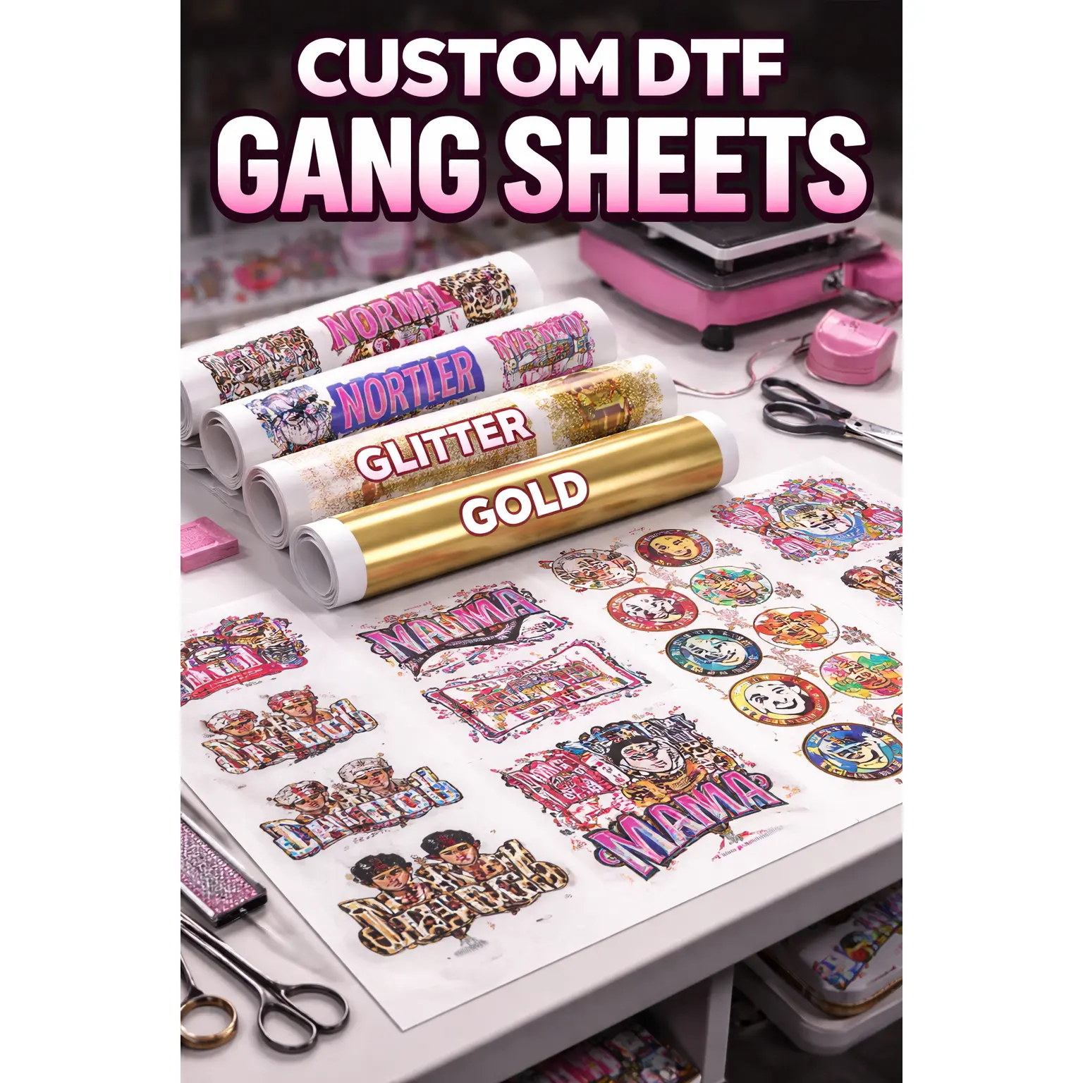Custom DTF Gang Sheets - 17in Wide High-Quality Transfers, Custom Length DTF Film, Glitter Film for Birthday Shirts, Brand Drops, PNG with Transparent Background