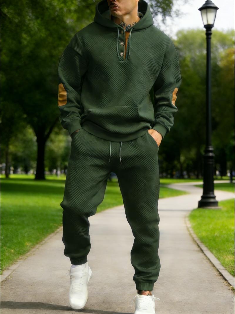 Men's two-piece textured hoodie tracksuit with a geometric pattern sweatshirt and contrasting elbow patches, casual street style, soft and comfortable 2026 fashion loungewear