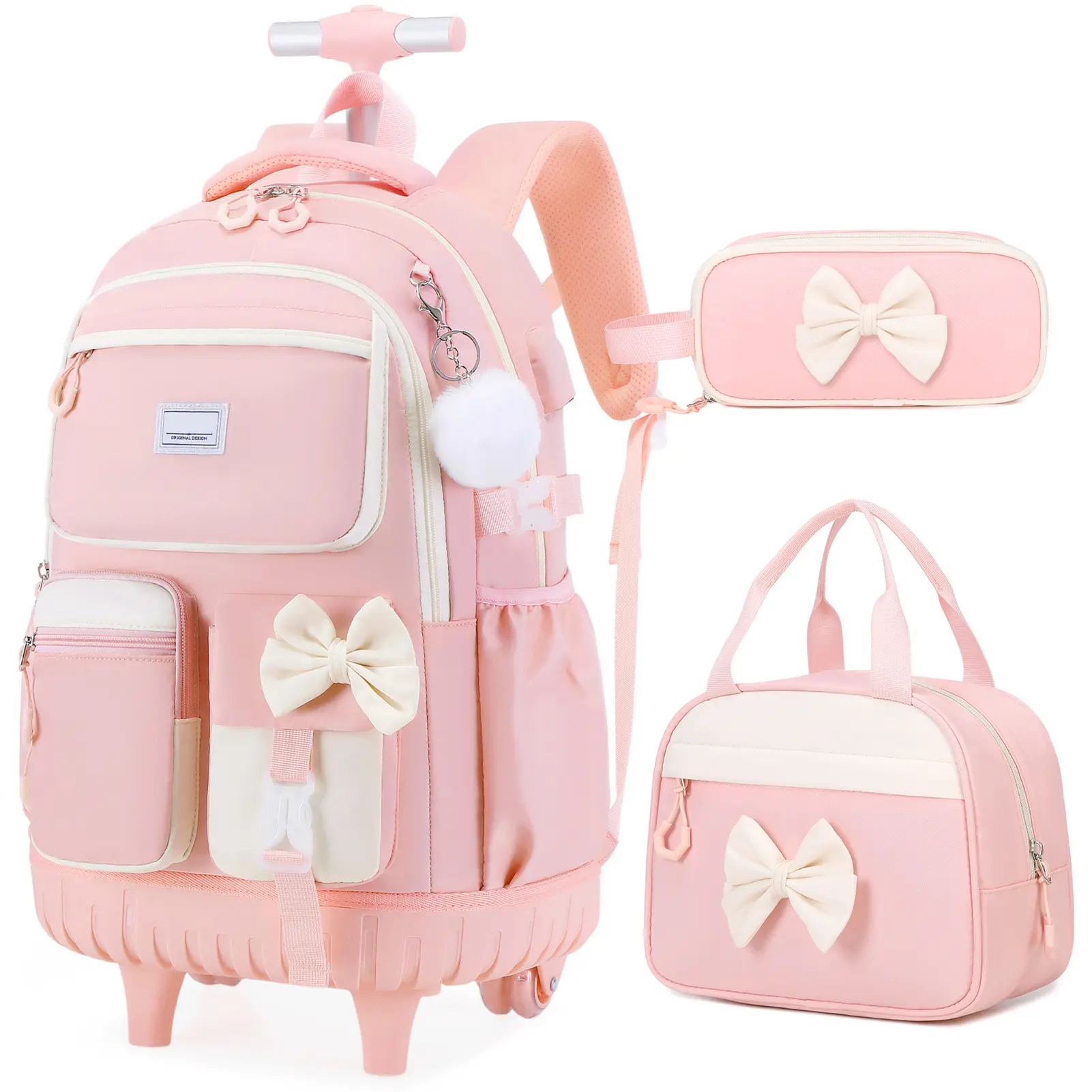 Similove Rolling School Backpack for Girls - Backpacks for School with Wheels, Top Handle, Reinforced Seams, Built-in Organizer, Cute Bow & Matching Lunch Bag, Pen Case for Kids Teens Elementary-Middle Students