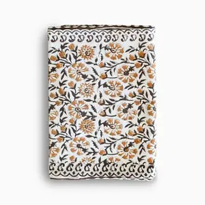 Hand Block Print Table Runner – White & Amber Gold