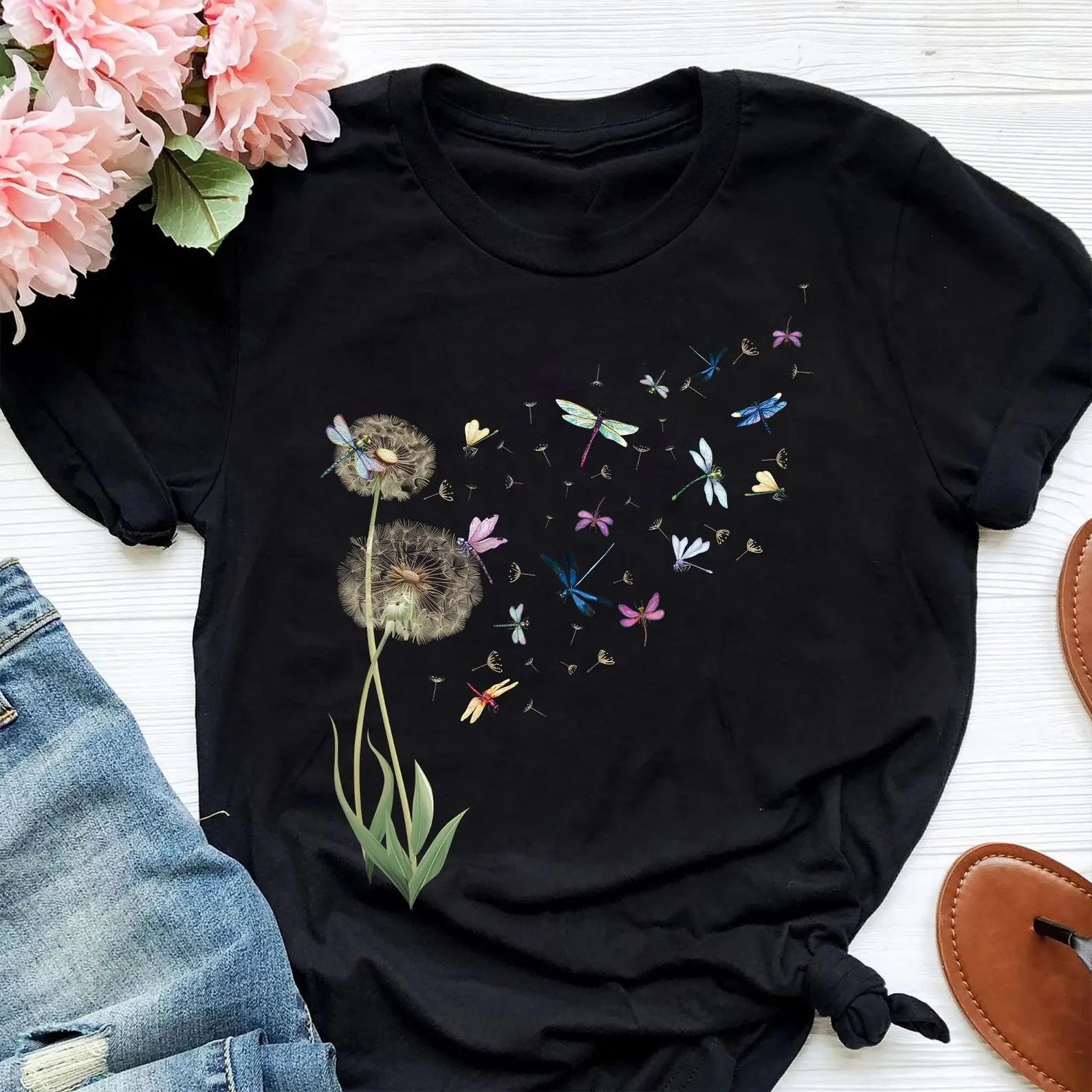 Dandelion Dragonfly Shirt, Vintage Dandelion Dragonfly Shirt, Dragonfly Lover Shirt Cotton Flat country concert outfits western outfits shirts women