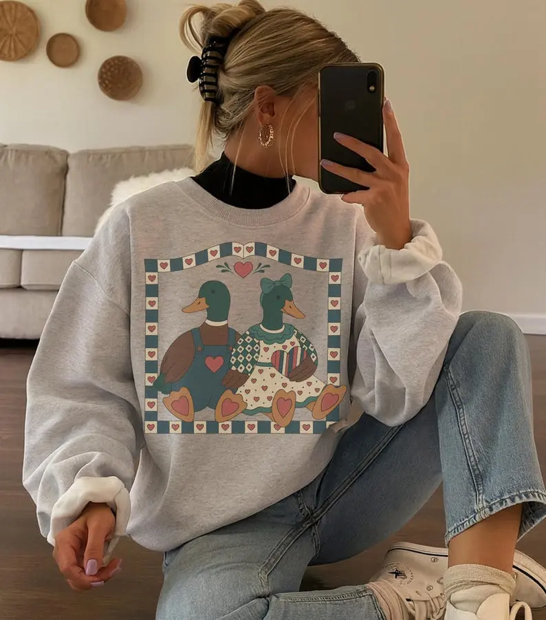 [Sale off up to 50%] Grandma Core Duck Sweatshirt, Vintage Country Folk Crewneck, Cozy Cottagecore Pullover Cute Summer Shirt, Trendy Gift, streetwear graphic tee