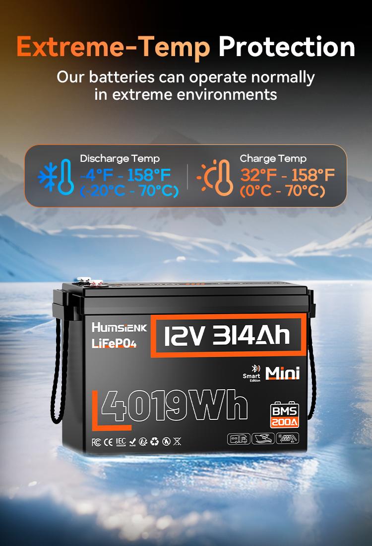 Humsienk 12V 314Ah LiFePO4 Bluetooth Lithium Battery Mini Size Lithium Iron Phosphate with 200A BMS Low-Temp Protection for RV Marine Trolling Motors - Portable Power Station