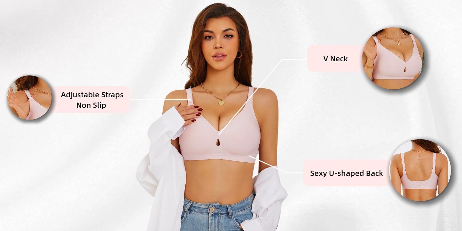 FINETOO Seamless Cute & Sexy V-Neck Bra for Women — Wire-Free, Padded, Soft Support, Full Coverage Comfort, S-2XL Everyday T-Shirt & Commute Bra SpringStatements