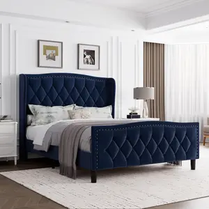 Queen Bed Frame, Velvet Upholstered Queen Size Platform Bed with Wing Side Headboard, Wooden Slat Support, No Box Spring Needed, Easy Assembly, Navy Blue