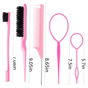 8Pcs Pink Hair Brushes Set with 4Topsy Hair Tail Tools 1Bristle Teasing Brush 1Edge Control Brush 2Metal Pin Combs for Women Girls Styling Edge&Back Brushing