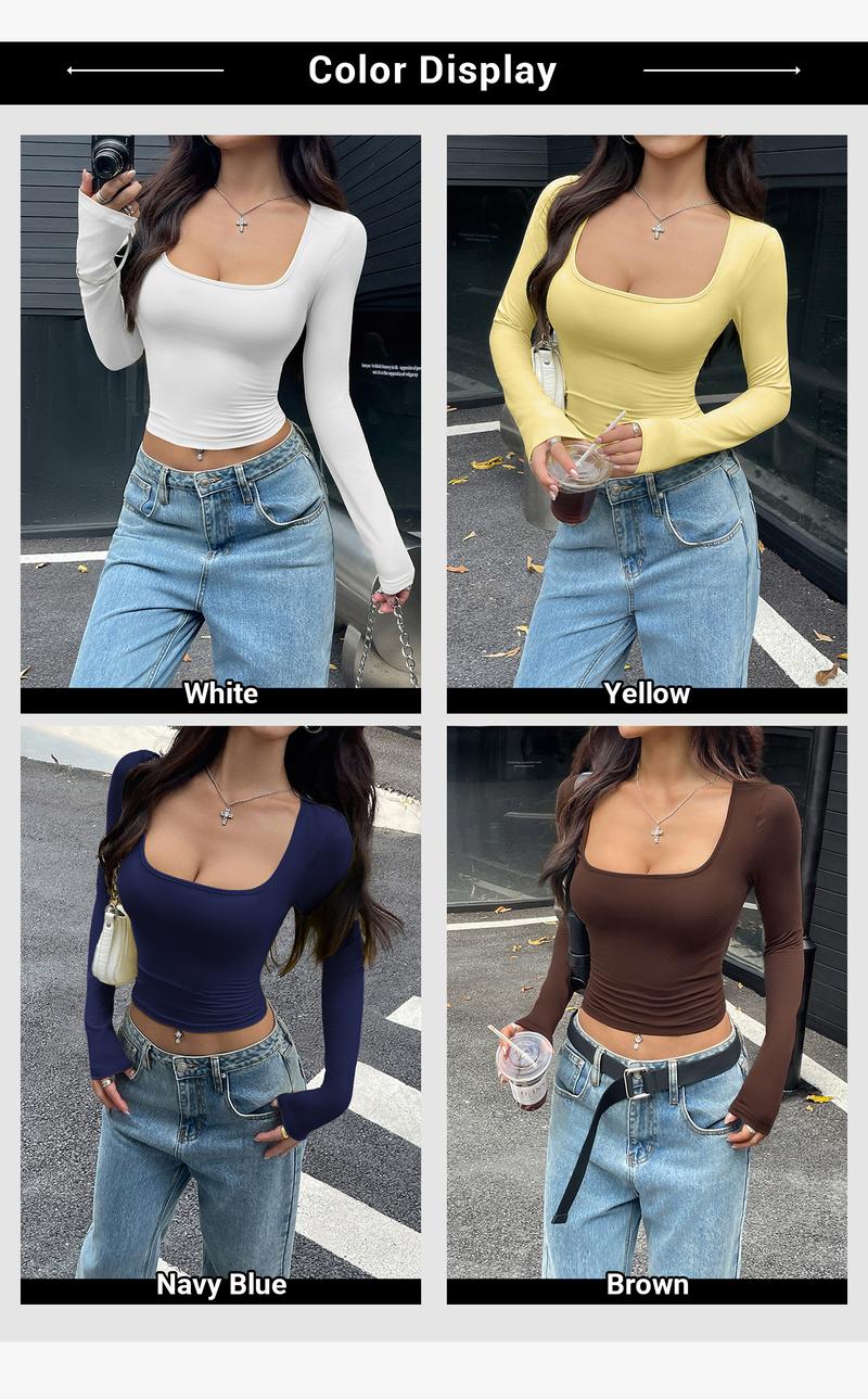 Women's Solid Color Square Neck Slim Fit Long Sleeve T-Shirt Top, Versatile Comfortable Simple Casual Cool Style, Can Be Worn Inside or Out for Everyday Casual Wear, Stretchy Comfortable Soft Fabric, Women's Clothing, Solid Color Top, Long Sleeve T-Shirt