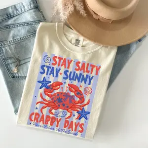 Comfort Colors Stay Salty Stay Sunny Crabby Days TShirt, Beach Crab Tee, Summer Vacation TShirt, Coastal Nautical Graphic, Preppy Summer T-Shirt