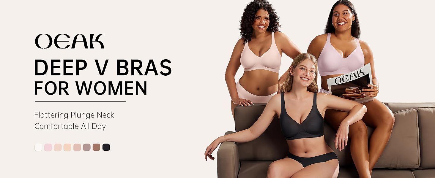 OEAK 2PCS Women's Comfortable Wireless Jelly Bras Push Up Bralettes Seamless T-Shirts Deep V Everyday Bras - Womenswear