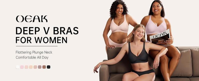 OEAK 2PCS Women's Comfortable Wireless Jelly Bras Push Up Bralettes Seamless T-Shirts Deep V Everyday Bras - Womenswear