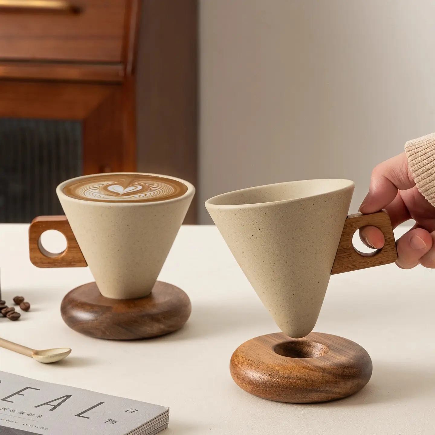 250ml Vintage Conical Textured Ceramic Beverage Cup - Wooden Handle Cappuccino Mug for Coffee Drink, Holiday Gift, Home Decor Supply with Stable Wood Base That Adds Warm Natural Charm