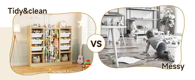 ONBRILL Toy Storage Organizer with 6 Removable Plastic Bins, Toddler Stuffed Animal Storage, Toy Box Cabinet with 2 Open Cubbies, Book Shelf for Kids Room Playroom Bedroom Nursery