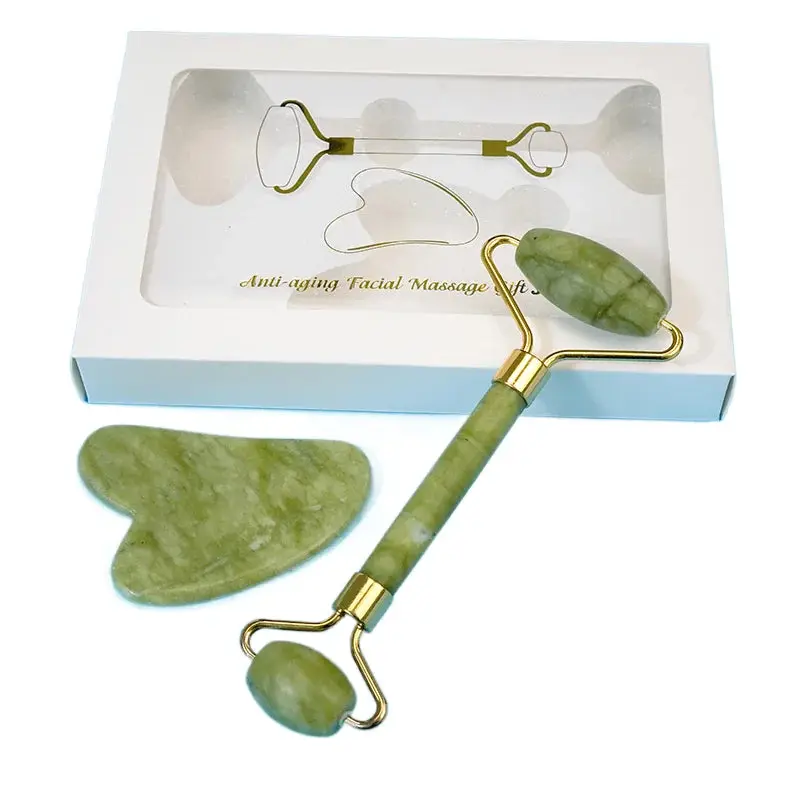 Natural Jade Smooth Face Roller & Gua Sha Scraper Set - Facial Beauty Instrument for At-Home Facial, Daily & Evening Face-Body Massage, Anti-Wrinkle Skincare Tool