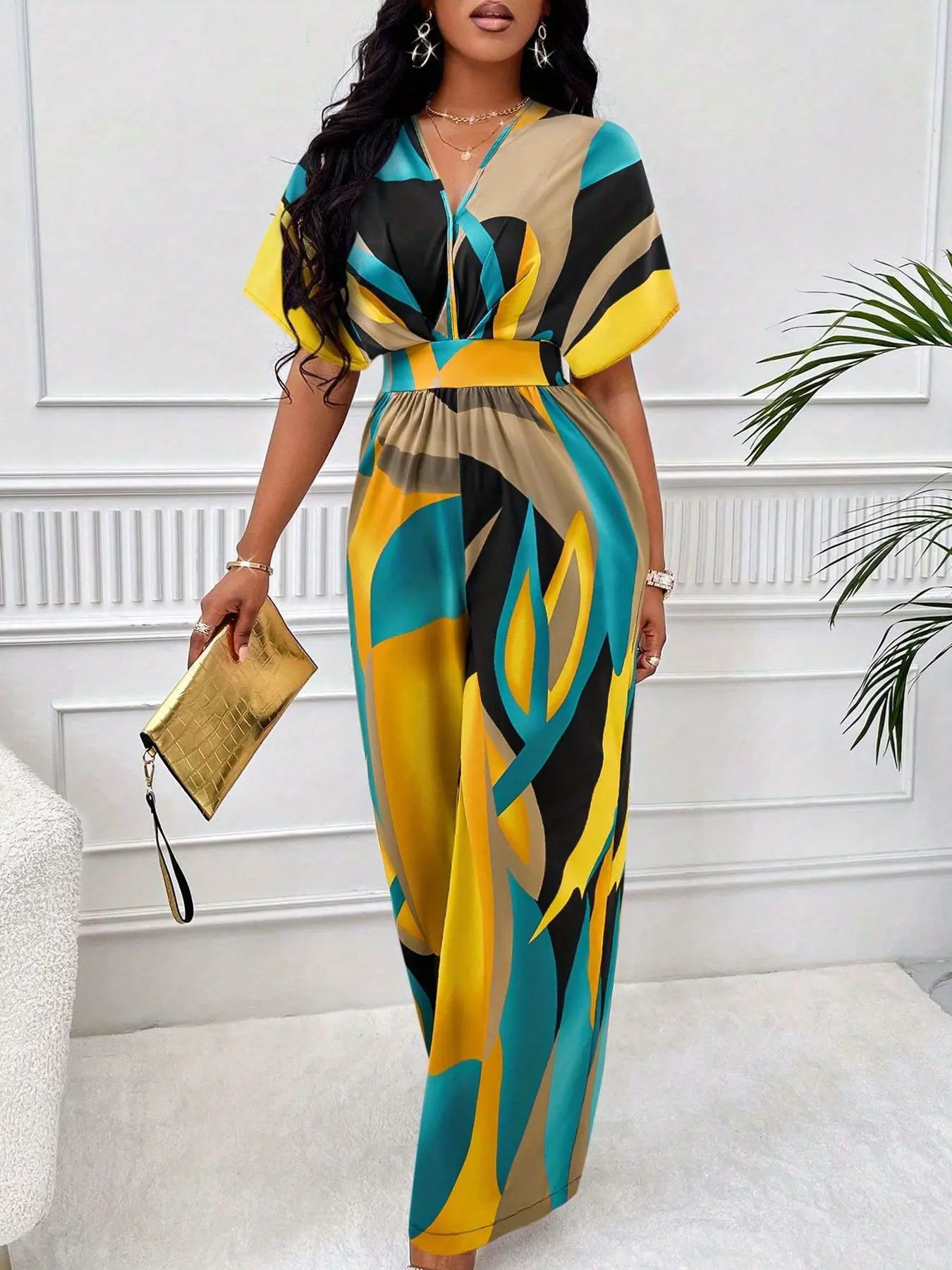 Women's Fashion Batwing Sleeve V Neck Waist Cinched Jumpsuit, Colorblock Print Wide-Leg Jumpsuit, Casual Summer Wear for Vacation, Non-Elastic Smooth Fabric