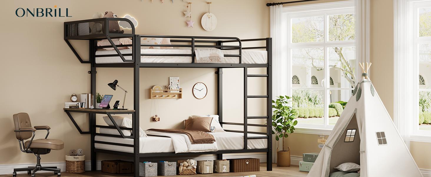 【SPOTLIGHT DAY】ONBRILL Bunk Bed Twin Over Twin, Bunk Beds with Power Desk & Outlet, Metal Bunkbeds Frame with Safety Guardrail & Ladders, Upper Bed with Storage Rack, Heavy-Duty 【SPOTLIGHT DAY】ONBRILL Bunk Bed Twin Over Twin, Bunk Beds with Power Desk & Outlet, Metal Bunkbeds Frame with Safety Guardrail & Ladders, Upper Bed with Storage Rack, Heavy-Duty