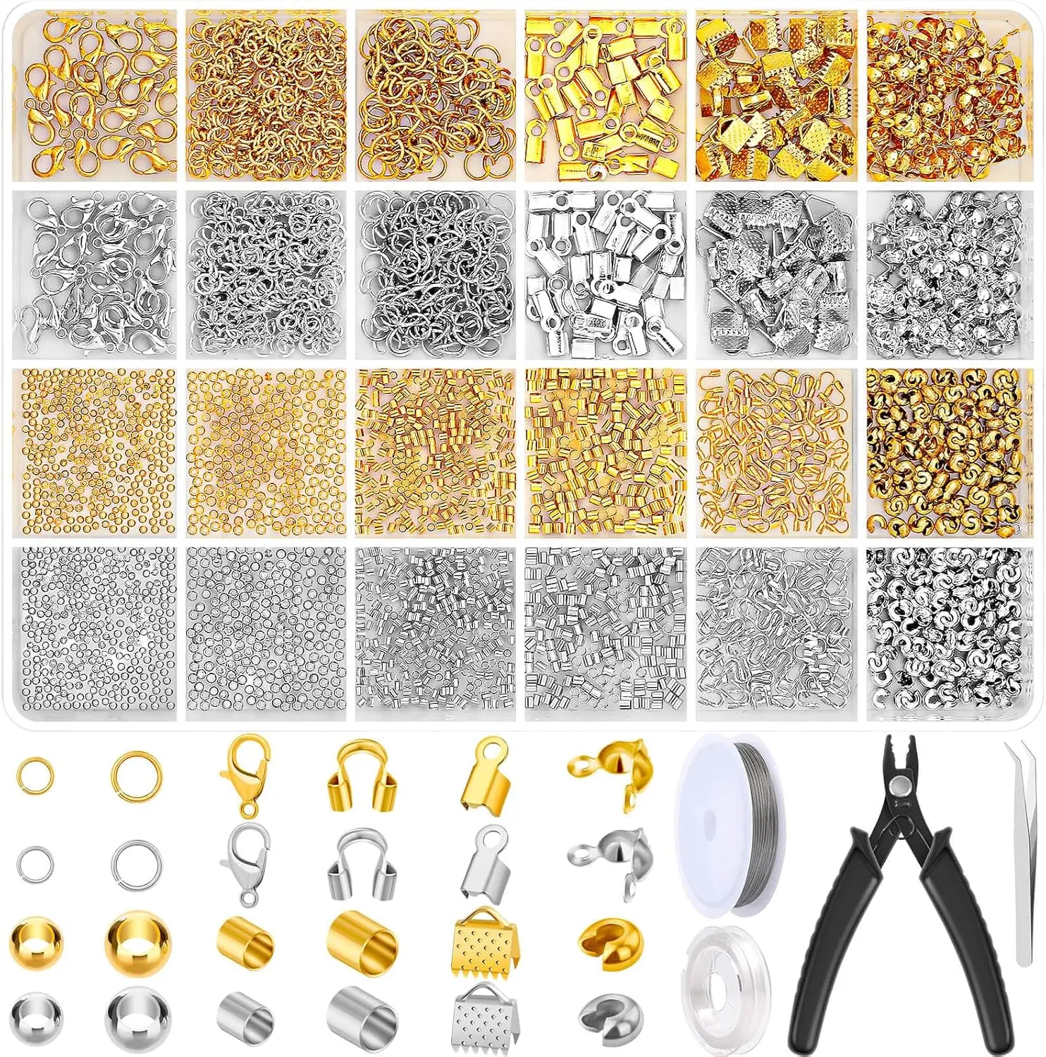 2384PCS Crimp Beads for Jewelry Making,Knot Cap, Pressure Tube and Steel Wire Shield with Pressure Clamp for DIY Jewelry Bracelet Necklace Making