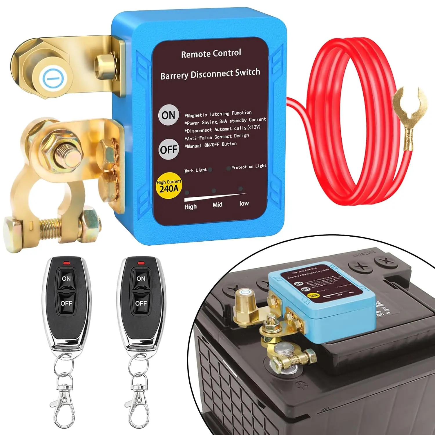 Battery Kill Switch for Car - Remote Battery Disconnect Switch 12V/24V 240A with LED Voltage Display | Anti-Theft & Battery Drain Protection | Compact Design