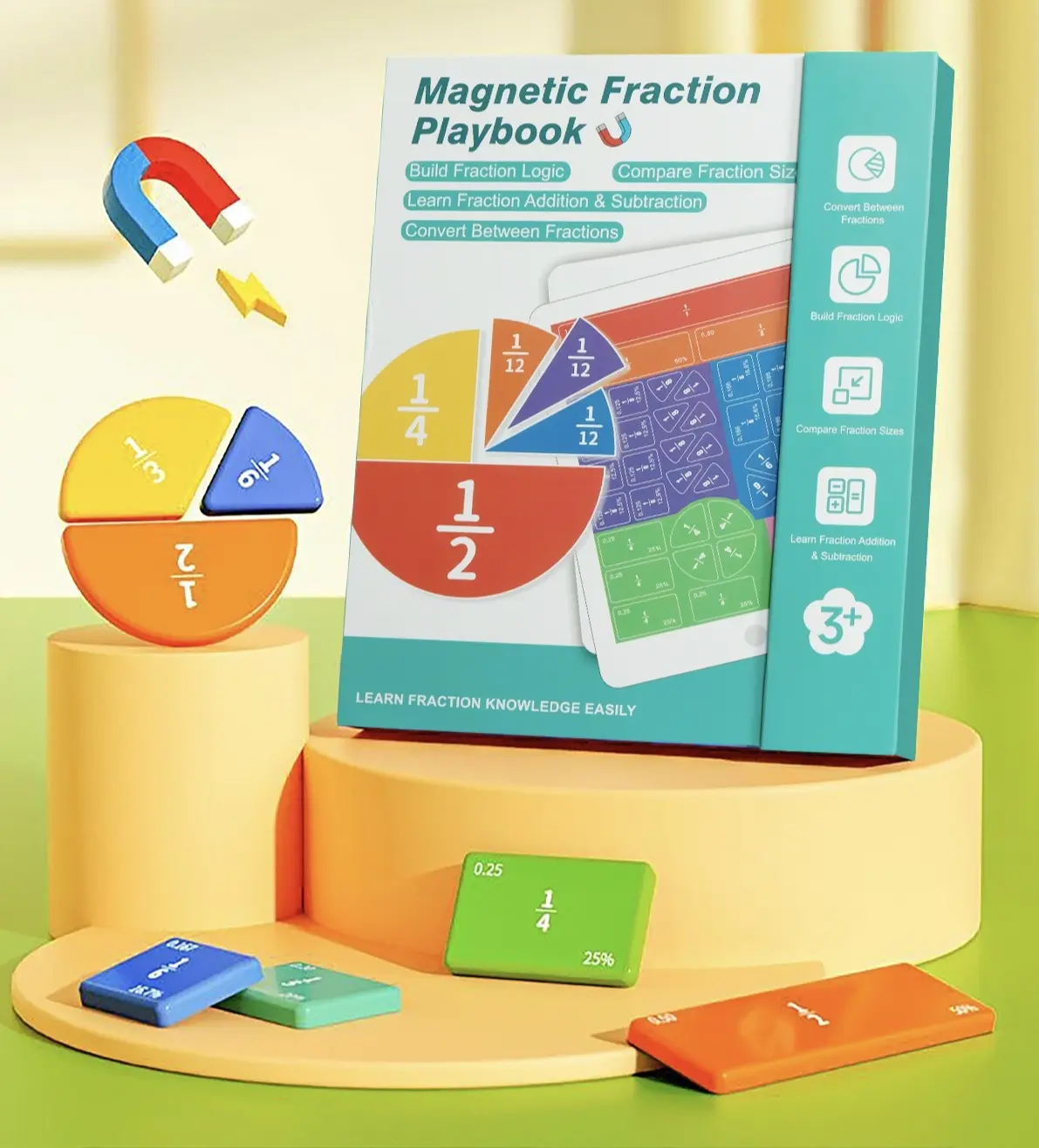 Magnetic Fraction Demonstration Book - Montessori Learning Tool with Magnetic Tiles & Circles, Activity Board Busy Book Maths Toys, Builds Fraction Understanding Early, Gift Ideas for Kids Homeschool Supplies