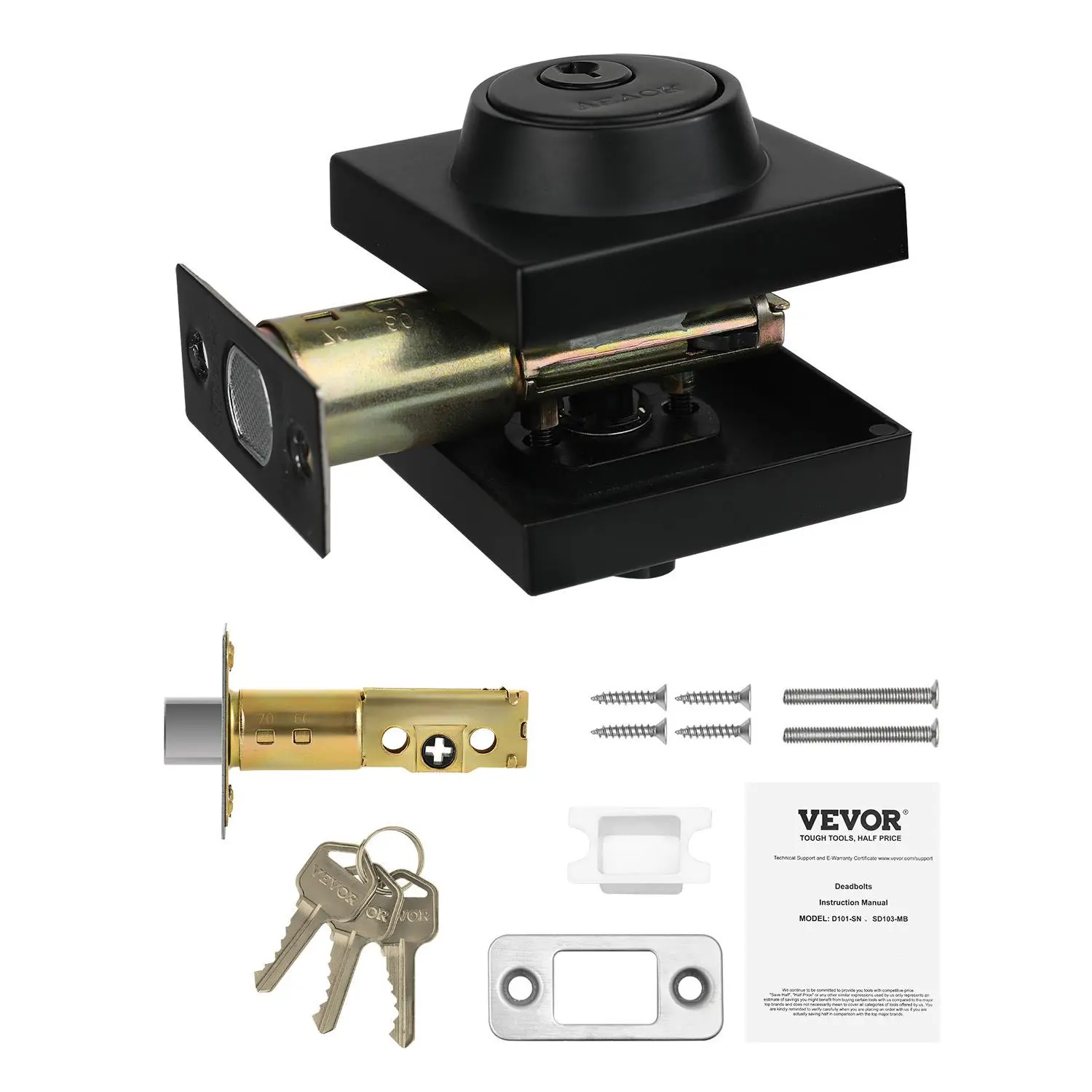 【Summerfinds】VEVOR Single-Cyl Deadbolt Lock Set, Matte Black Square Full Metal Deadbolt with Adjustable Latch, 3 Keys & Complete Accessories, Fits Standard Size In Doors for Residential Entry, Commercial Shop, Bathroom Use, Zinc‑Coated Cylinder