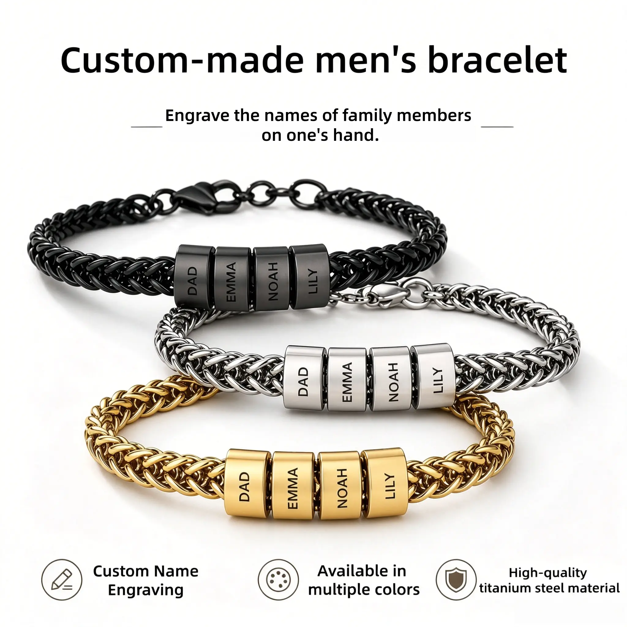 Rexviao Father's Day Gift – Happy Father's Day: Personalized Men's Bracelet (Engraved with Family Names) | High-Quality Titanium Steel (Fade-Resistant) | Personalized Bracelet for Dad | DIY Family Name Jewelry | Christmas Gift | Anniversary Gift
