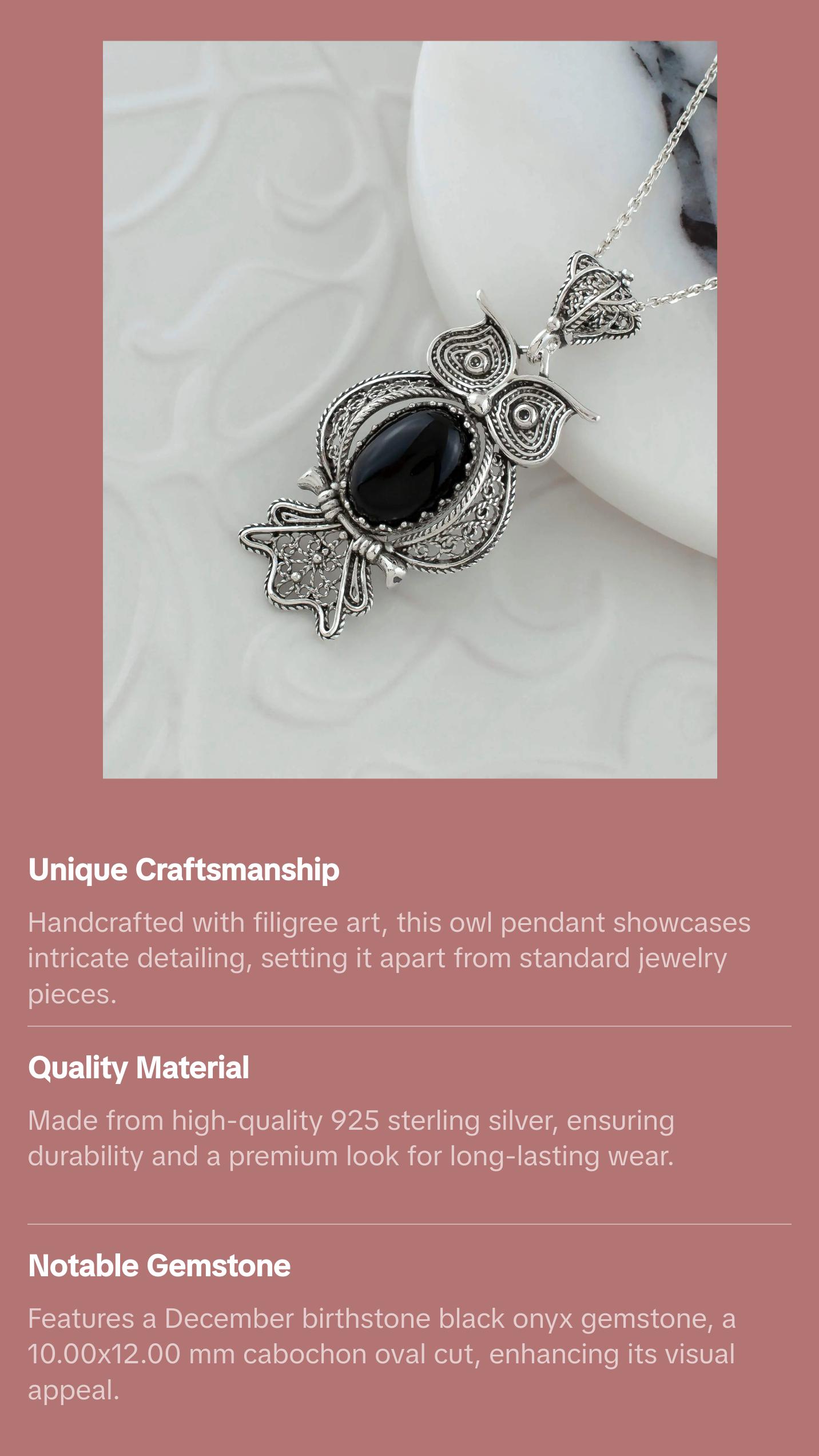 Filigree Art Owl Figured Black Onyx Gemstone Women Silver Pendant Necklace