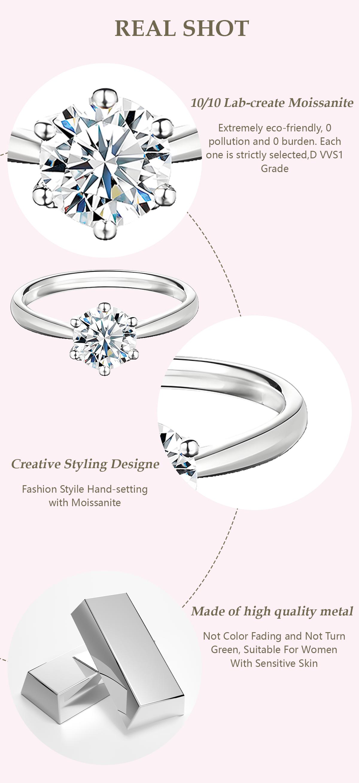 S925 1-2ct Round VVS Synthetic Moissanite Classic Six-Prong Women Ring Costume Jewelry Accessories Perfect Gifts for Engagement Wedding Anniversary