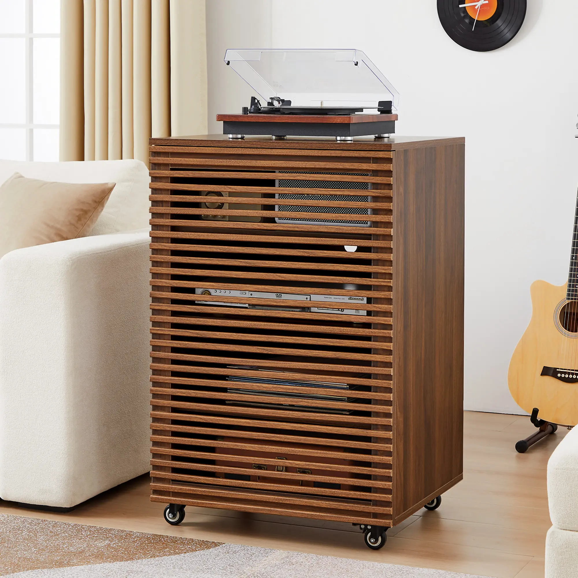 Giratree 5-Tier AV Media Cabinet, Modern Wooden Stereo Rack with Grille Door, Adjustable Shelves, Cable Management and Wheels for Living Room, Gaming Room and Recording Studio