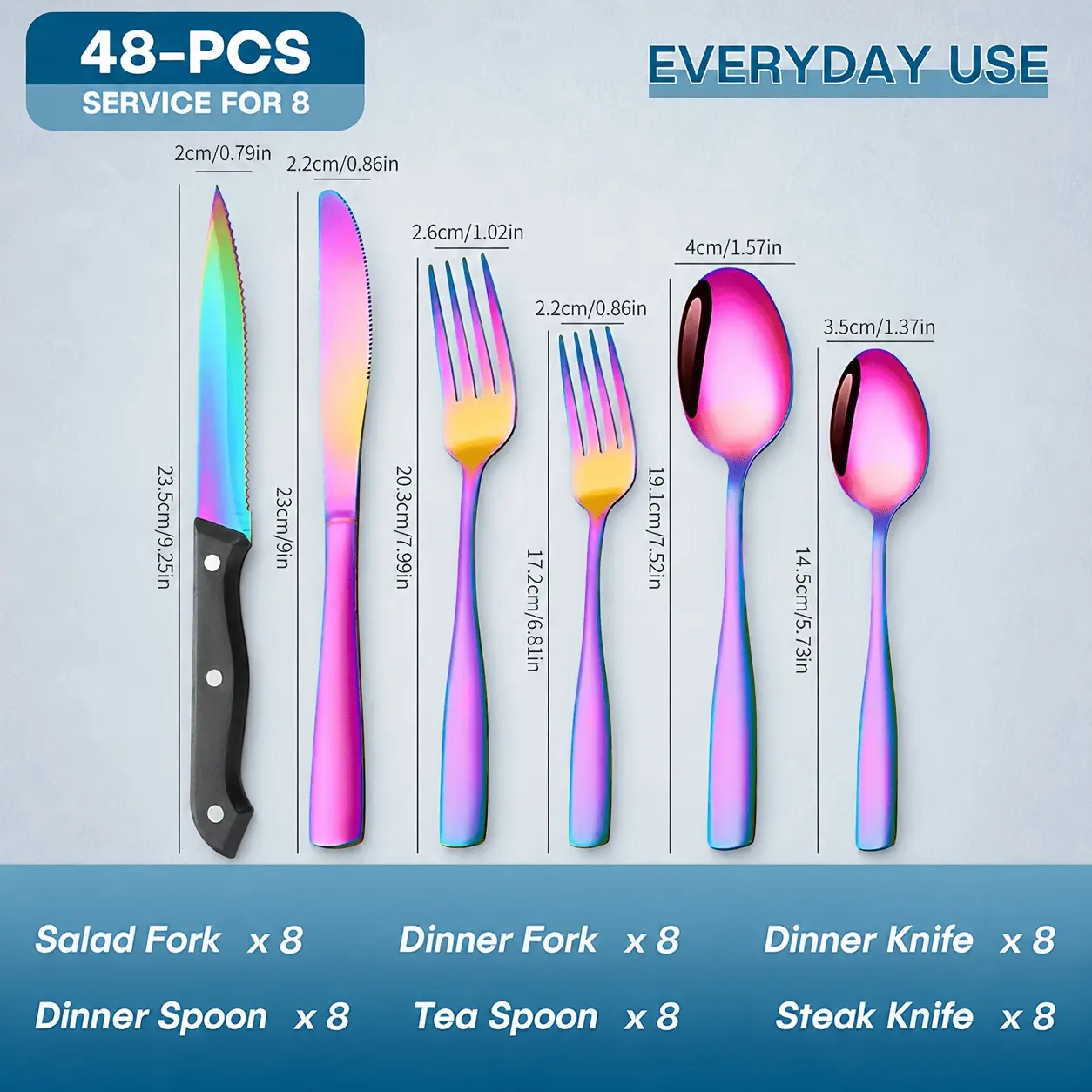 48-Piece Black Silverware Set for 8, Stainless Steel Flatware Set with Steak Knives, Forks, Spoons & Table Knives, Mirror Finish, Dishwasher Safe for Home, Parties & Gatherings