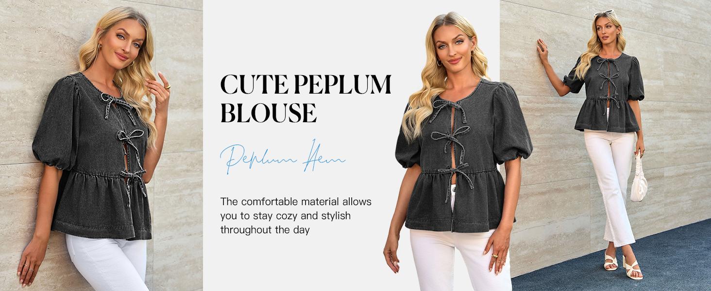 【New】Tankaneo Denim Baby doll Top with Puff Sleeves & Bow Tie Front Blouse for Women Casual Summer cowgirlstyle country concert outfits