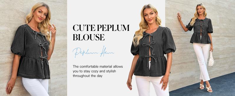 【New】Tankaneo Denim Baby doll Top with Puff Sleeves & Bow Tie Front Blouse for Women Casual Summer cowgirlstyle country concert outfits