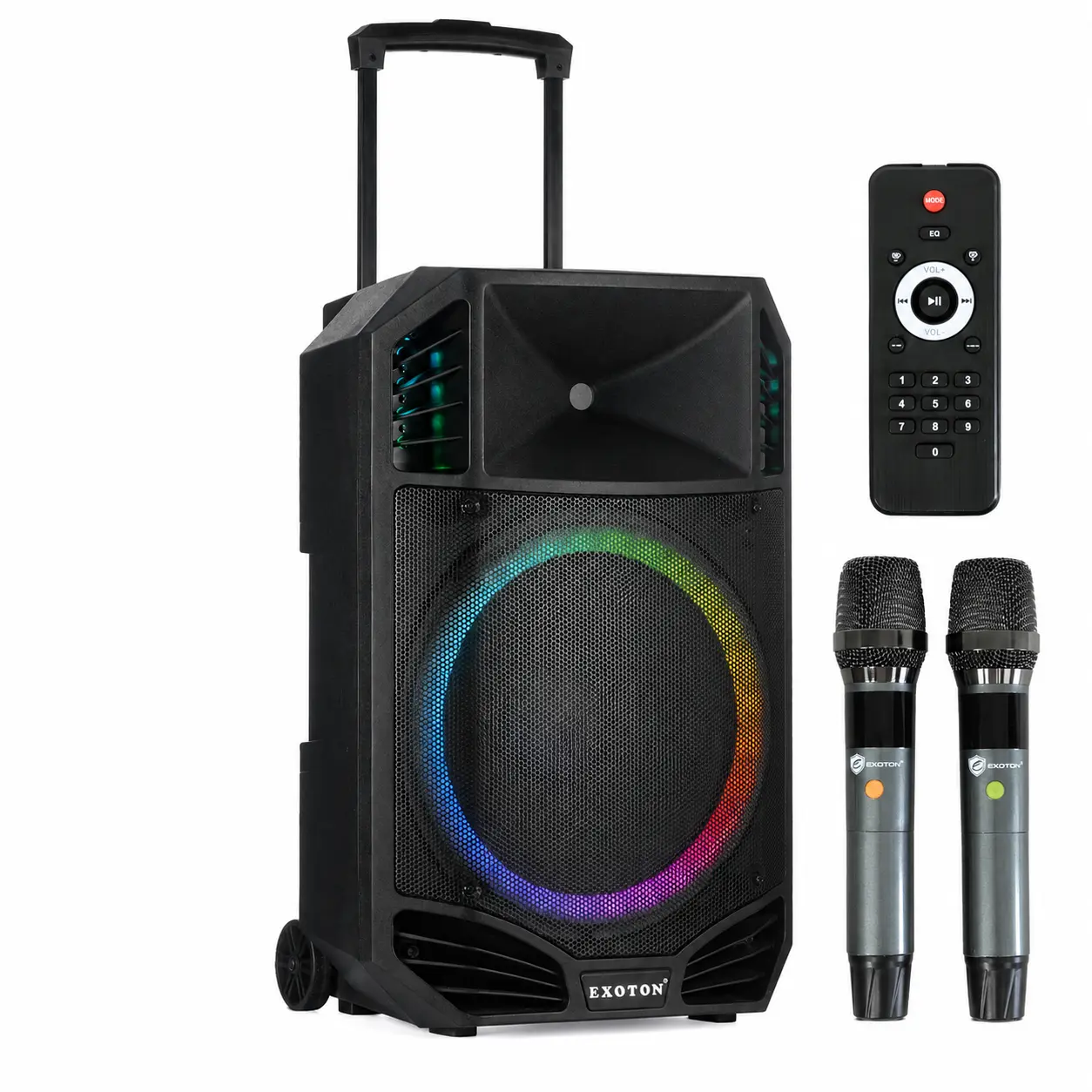 EXOTON S-1501  15 Inch Portable Rechargeable PA Speaker - 1600W, Bluetooth, TWS, USB/RCA, 2 UHF Mics, Remote, 7-Color Lights, DSP with 4 Scene Presets, 5-Band EQ