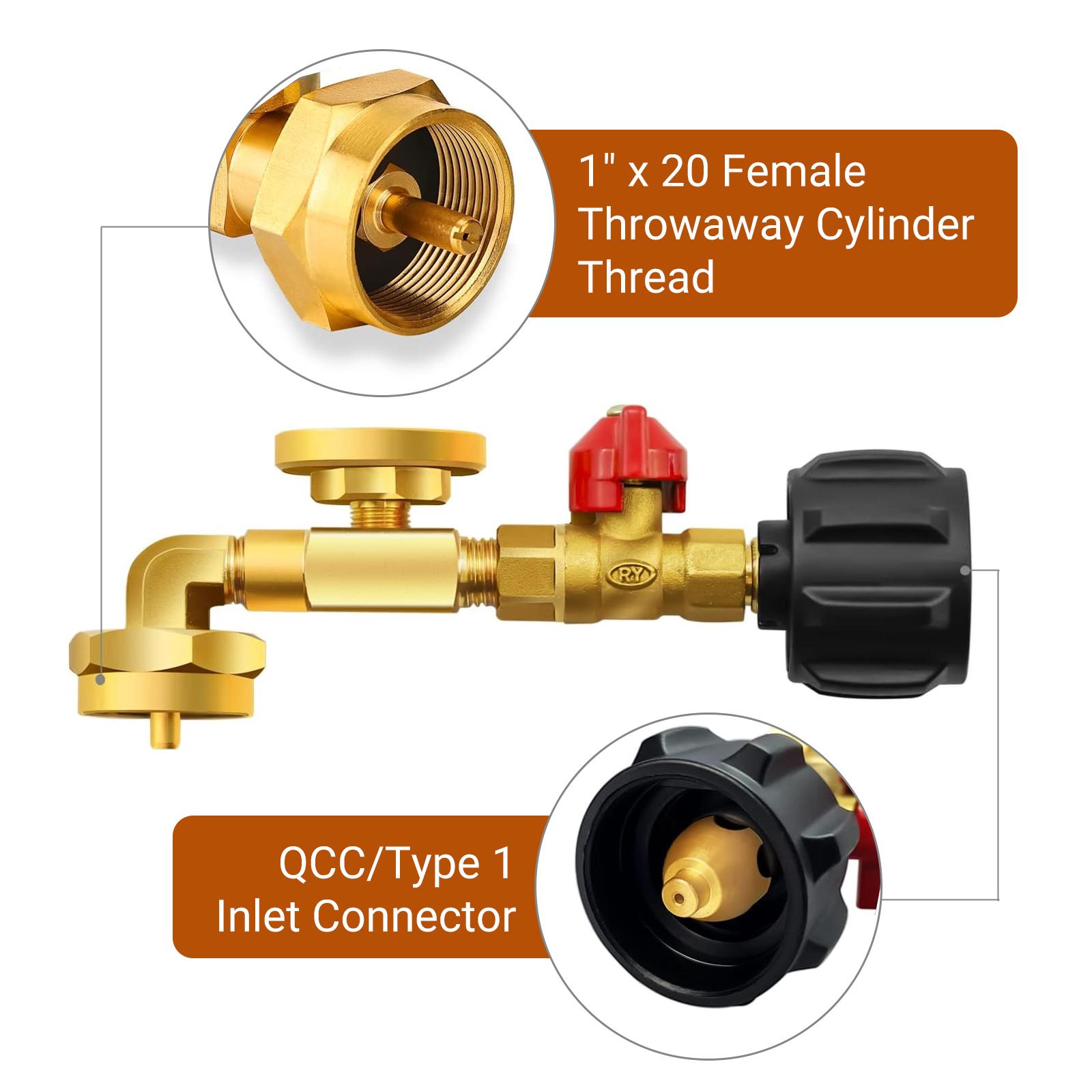 Propane Refill Adapter for 1 LB. Tanks with Luminous Gauge, Refillable Propane Cylinder 1 LB, 5-40 LB Tank Filling, 90-Degree Elbow, Metal Hardware for Industrial Use