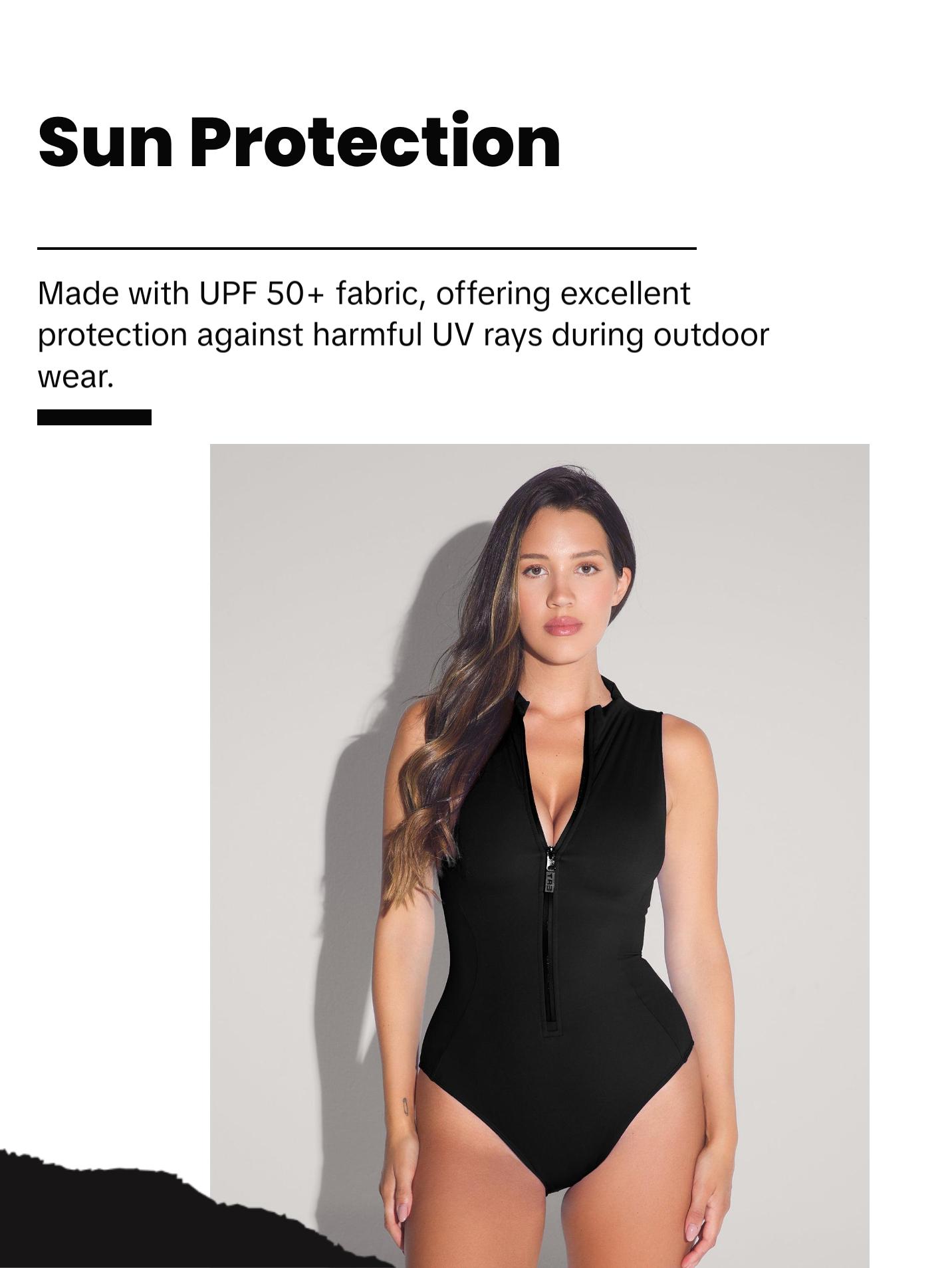 Sleeveless Surfy Black Swimwear with Deep V-Neckline and Front Zipper Closure