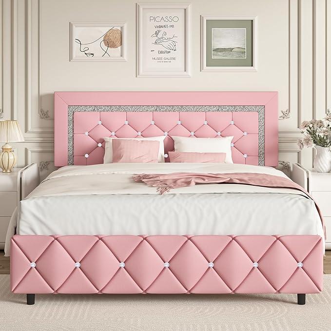 HOMBCK Diamond Bed Frame, No Mattress, Comfortable and Adjustable Headboard, Modern style, Princess Bed, No Box Spring Required