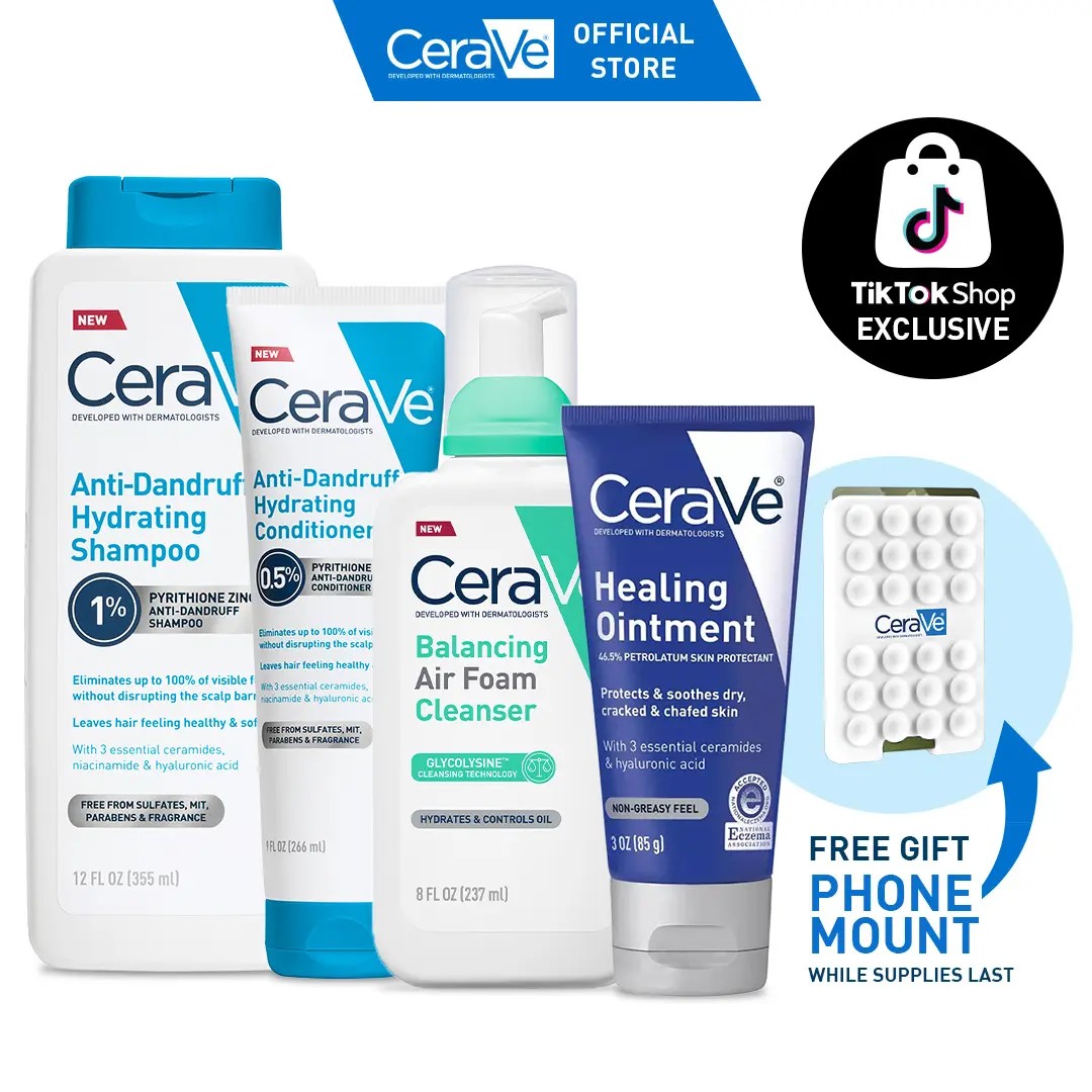 CeraVe Spring Skin Reset Bundle | Cleanser + Healing Ointment + Anti-Dandruff Shampoo & Conditioner