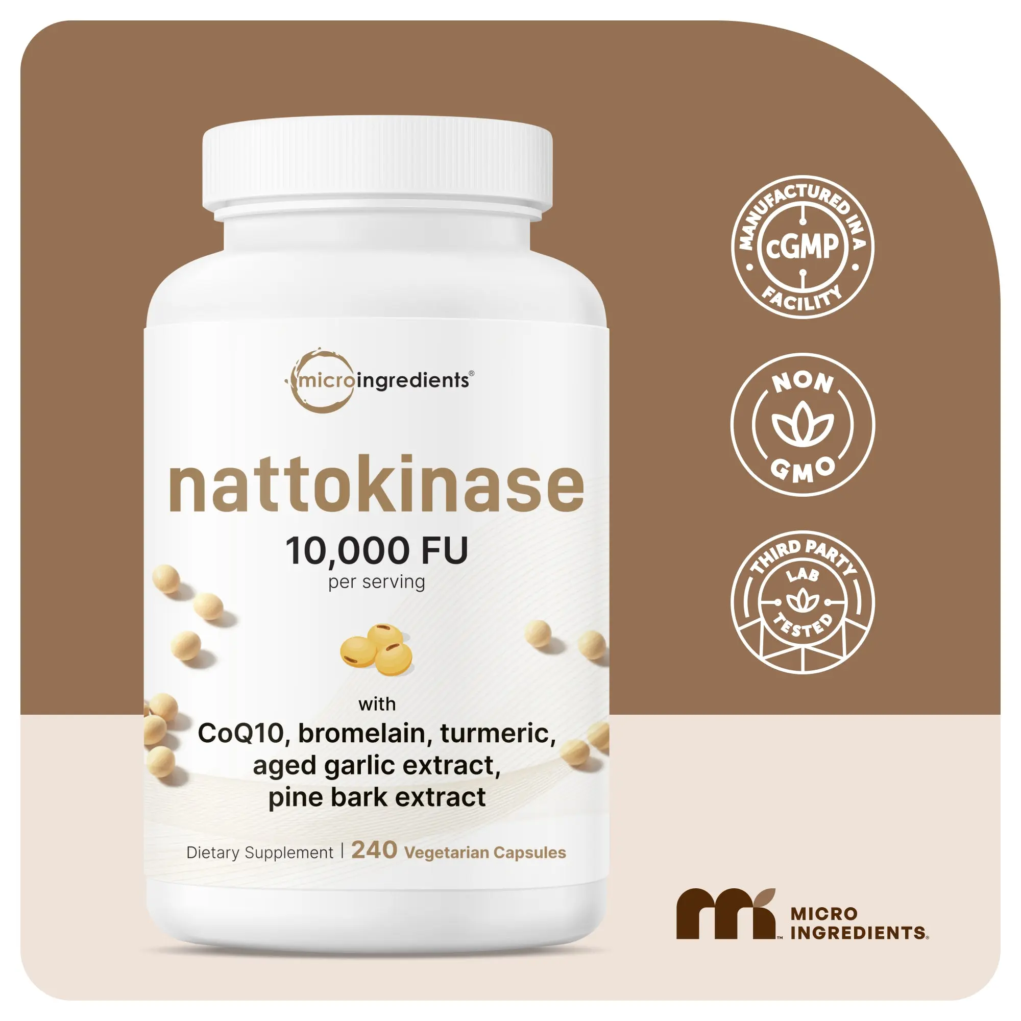 Micro Ingredients Nattokinase (Derived from Japanese Natto) 10,000FU Complex, 240 Vegetarian Capsules | with Coq 10, Turmeric, Aged Garlic & More, Non-GMO, No Gluten