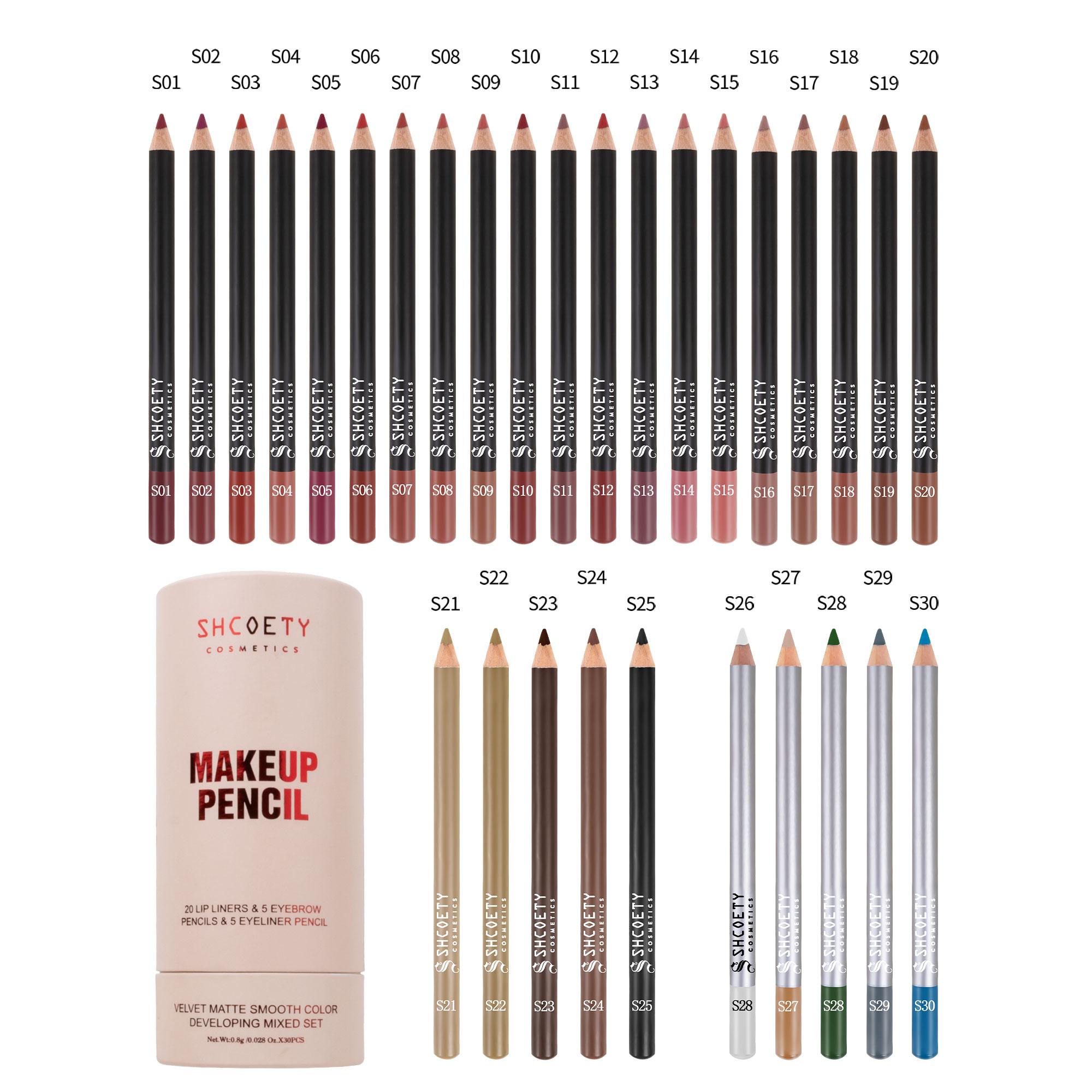 From Lips to Brows to Eyes, 30-Piece Multi-Color Makeup Pencil Set, 20 Lip Liners + 5 Brow Pencils + 5 Eyeliners for Daily Makeup