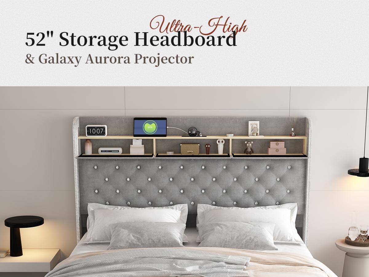 Queen Led Bed Frame with Galaxy Aurora Star Projector, Queen Platform Bed with Charging Station, 52" Upholstered Hidden Storage Headboard with Wingback, Noise Free, No Box Spring Needed, Velvet Grey