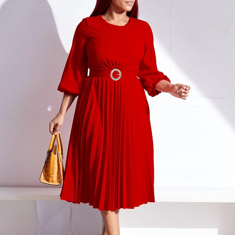Women’s Pleated Midi Dress with 3/4 Puff Sleeves, Round Neck and Ring-Buckle Belted Waist, A-Line Silhouette with Back Keyhole — Elegant Choice for Work, Church & Wedding Guests
