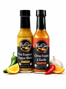 Hot Sauce Bundel by Fresco Sauce 2 Pack- Fire Roasted Pepper Blend - Jalapeno - Serrano Peppers- Lemon Juice - Citrus Fresno Garlic - Fresno Peppers - Orange Juice - Lime Juice - Flavorful - All Natural- Vegan - Gluten Free - 5 fl oz
