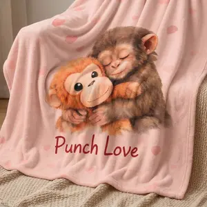 Monkey Hug Plush Blanket , Watercolor Hearts Blanket , "Punch Love" , Funny Throw Blanket Forr Sofa, Warm Gift For Birthday