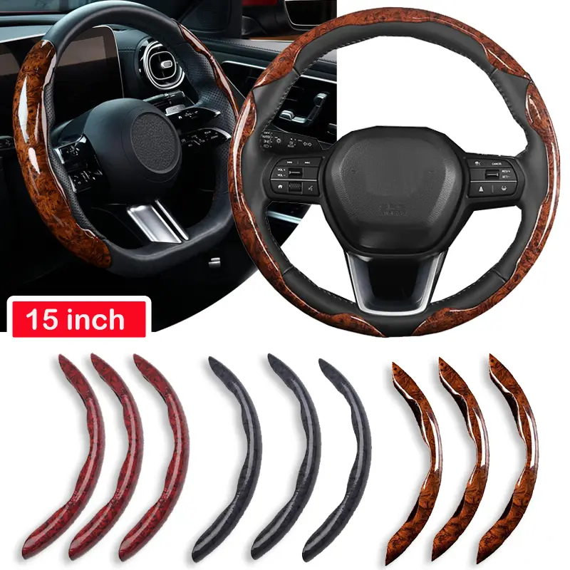 Wood Grain Car Carbon Fiber Anti-Skid Steering Wheel Cover 3pcs 15 inch Universal Fit Microfiber Leather Protector Easy Install Car Interior Accessories, Car Accessories, Auto Accessories Interior