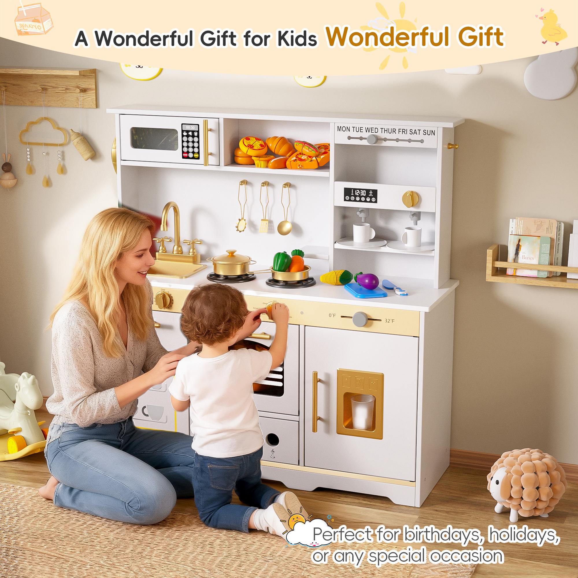 Play Kitchen for Kids Pretend Play Kitchen with 21 Pcs Toys Wooden Play Kitchen Set for Ages 3+ White & Gold